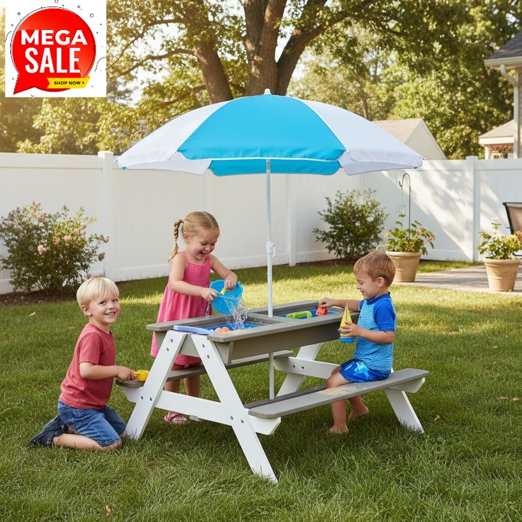 Kids Outdoor Activity Table - Kids Picnic Table, 3-in-1 Wooden Sand