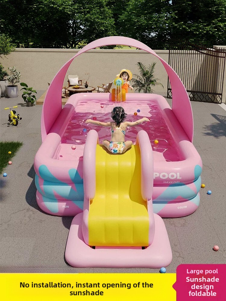 Kids Outdoor Water Slide - Inflatable Pool With Sunshade Slide Foldable