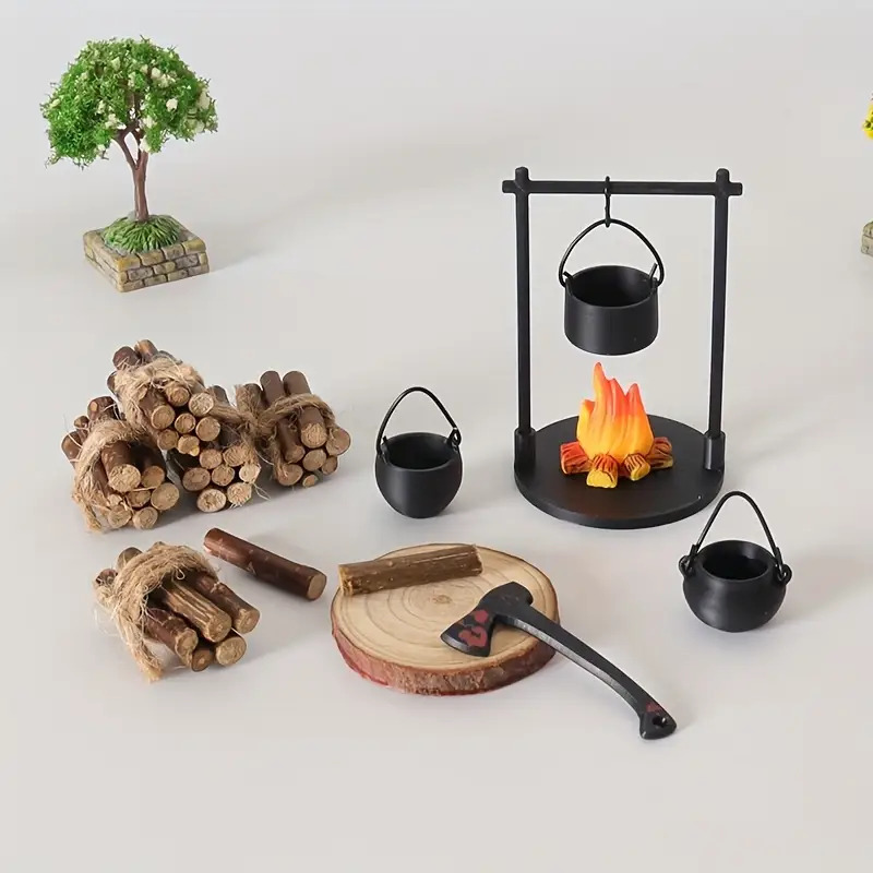 Kids Outdoor Table And Chair Set - Mini Campfire Hanging Stove Pot Dollhouse