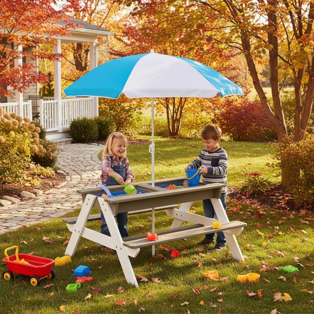 Kids Picnic Table, 3-in-1 Wood - Kids Outdoor Activity Table 评论和价格