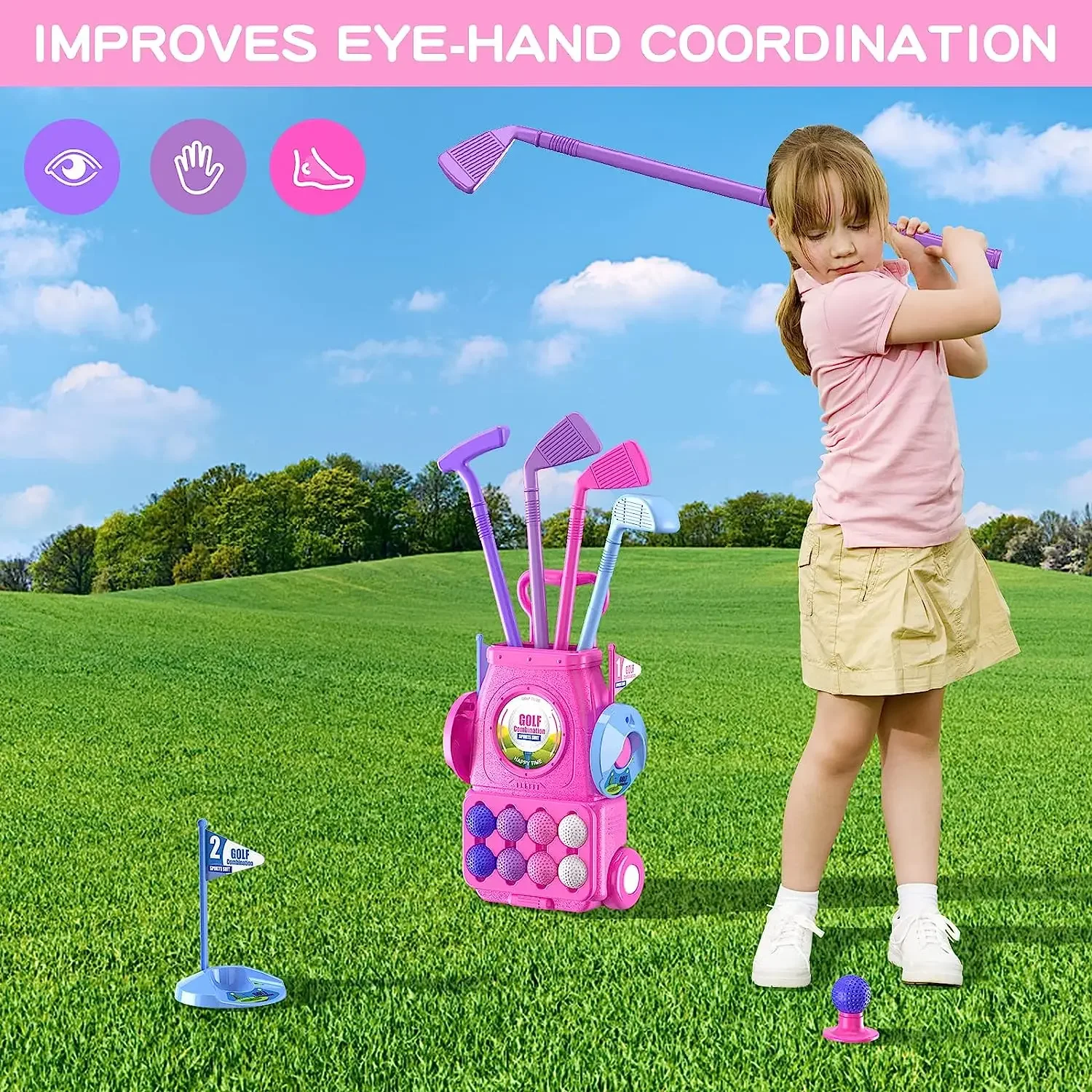 Pink Kids Golf Club Set with P - Kids Indoor Outdoor Cart 评论和价格