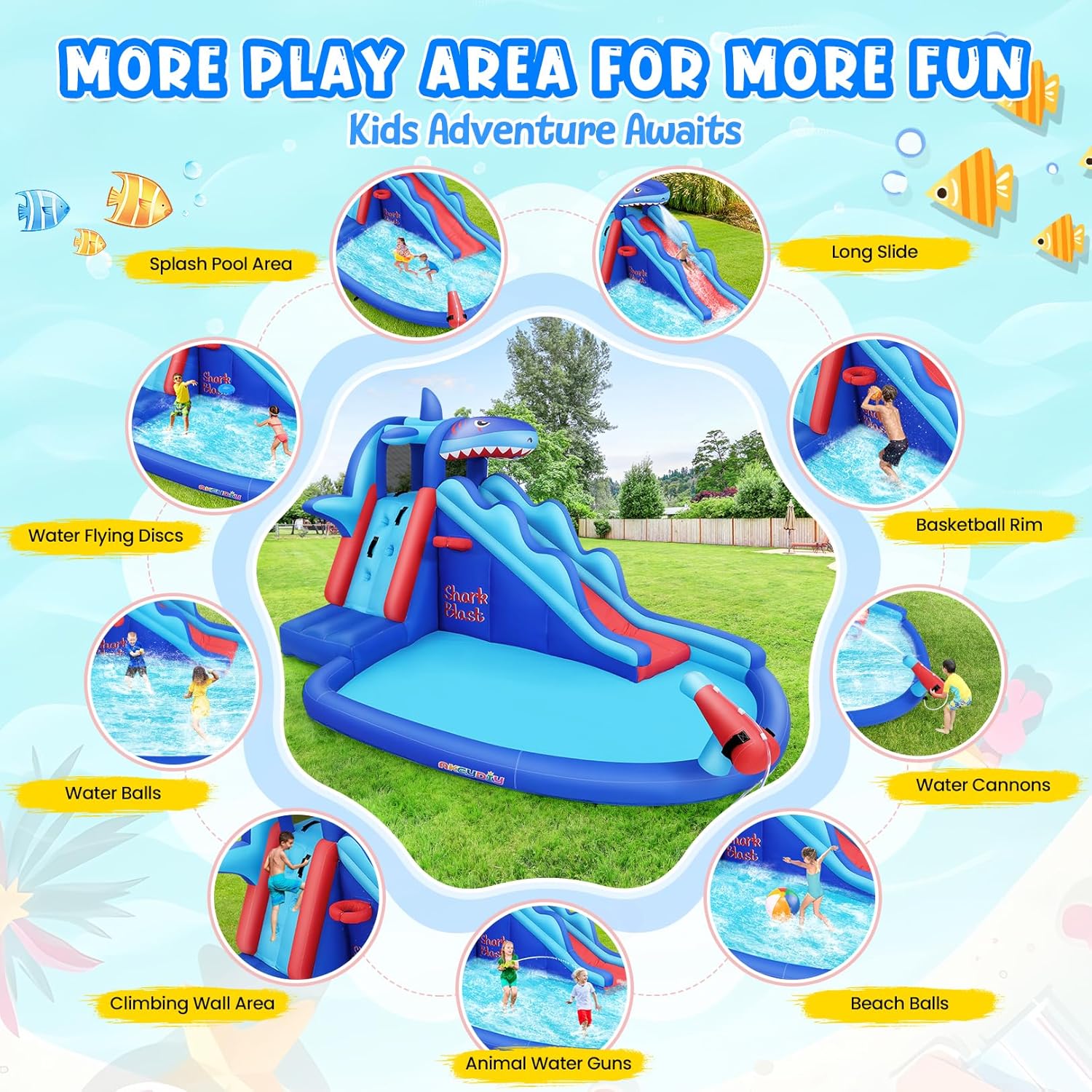Shark-Themed Inflatable Water  - Kids Outdoor Water Slide 评论和价格